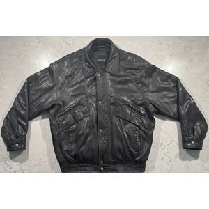 VTG 90s Excelled Leather Bomber Jacket Mens Large Black Aviator Biker Retro Boxy